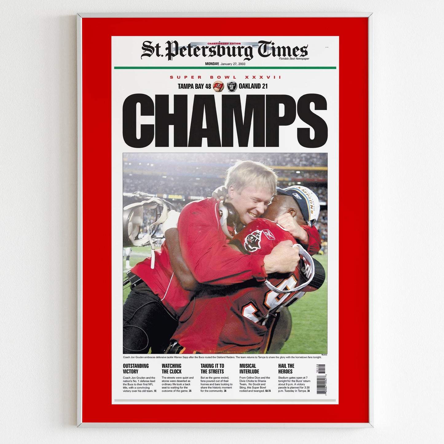Tampa Bay Buccaneers 2003 Super Bowl NFL Champions Front Cover St Petersburg Times Newspaper Poster, Football Team Print, Front Page Poster