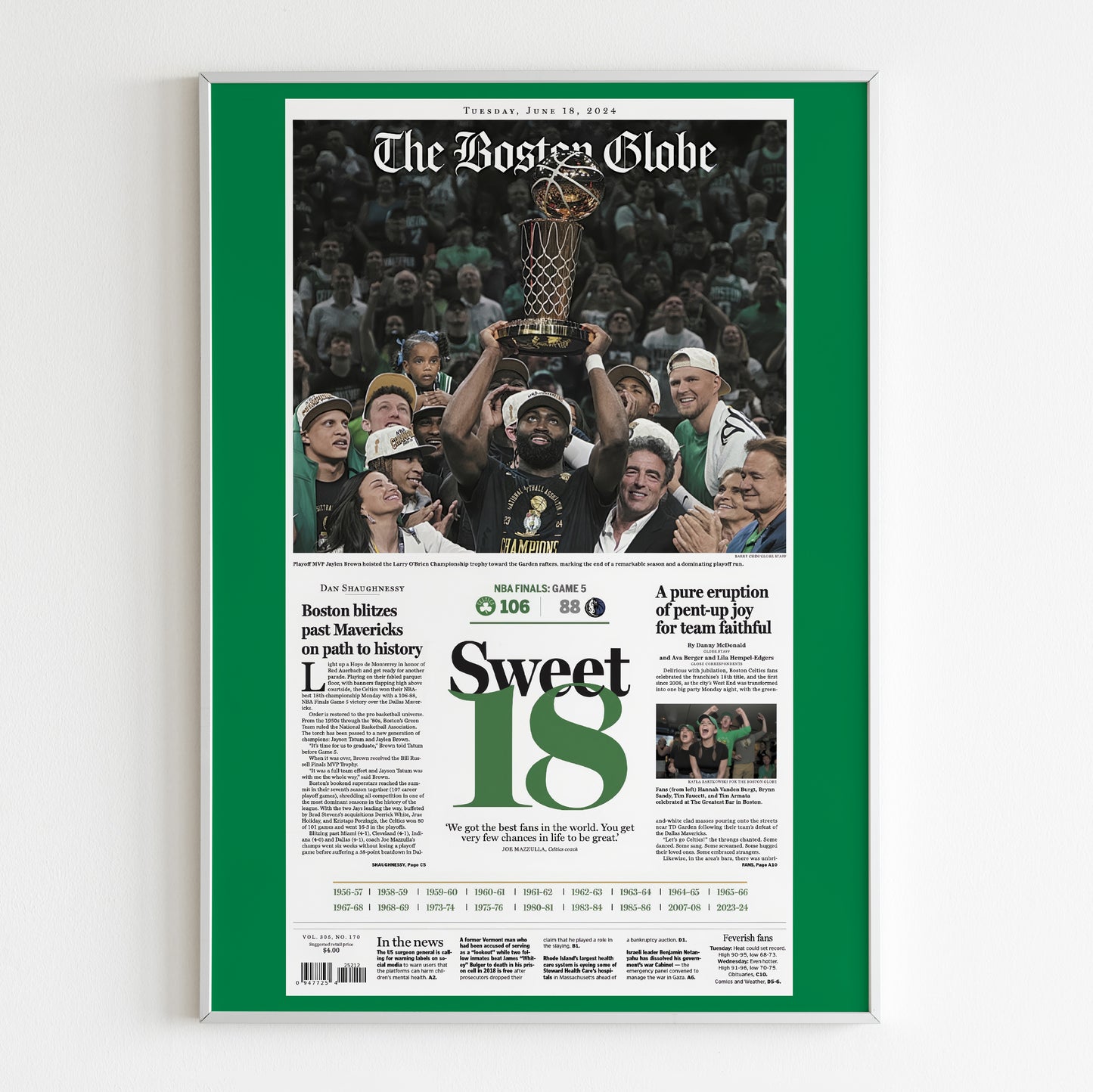 Boston Celtics 2024 NBA Champions Front Cover The Boston Globe Newspaper Poster