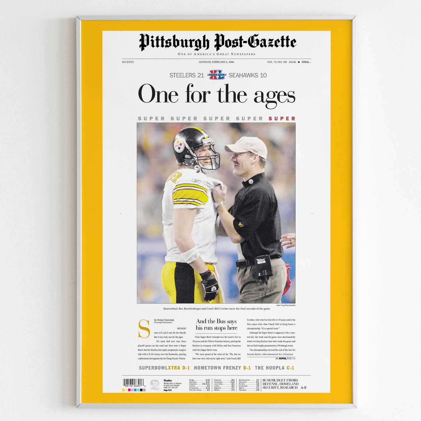 Pittsburgh Steelers 2006 Super Bowl NFL Champions Front Cover Pittsburgh Post Gazette Newspaper Poster, Football Team Print Front Page