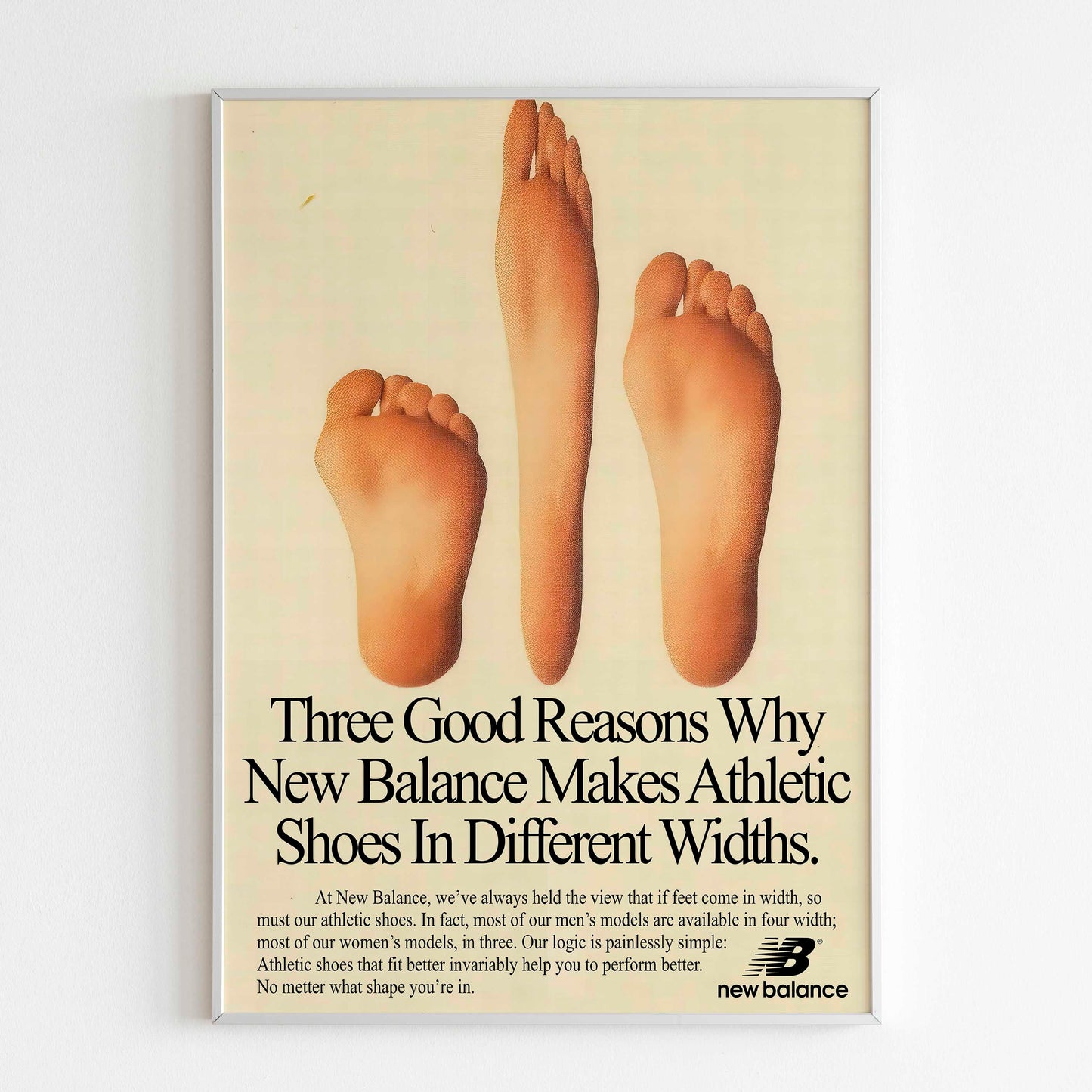 New Balance Poster Advertising, 90s Style Shoes Print, Vintage Running Ad Wall Art, Magazine Retro Advertisement Three Good Reasons Why New Balance Makes Athletic Shoes In Different Widths 90s 80s