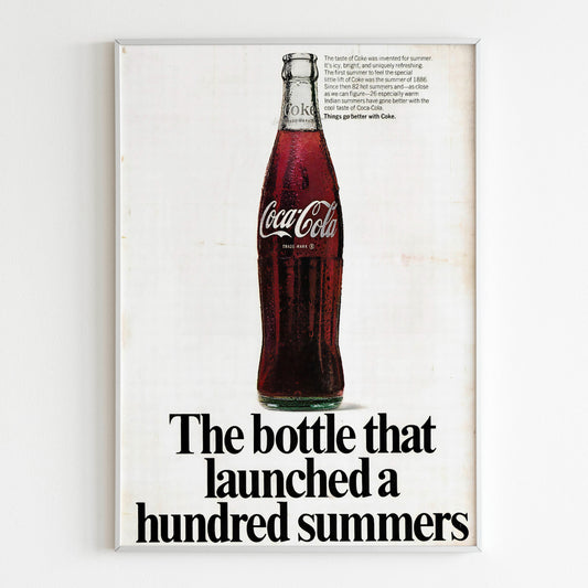 Coca-Cola Advertising Poster, 80s Style USA Print, Vintage Design Ad Wall Art, Magazine Retro Advertisement the bottle that launched a hundred summers