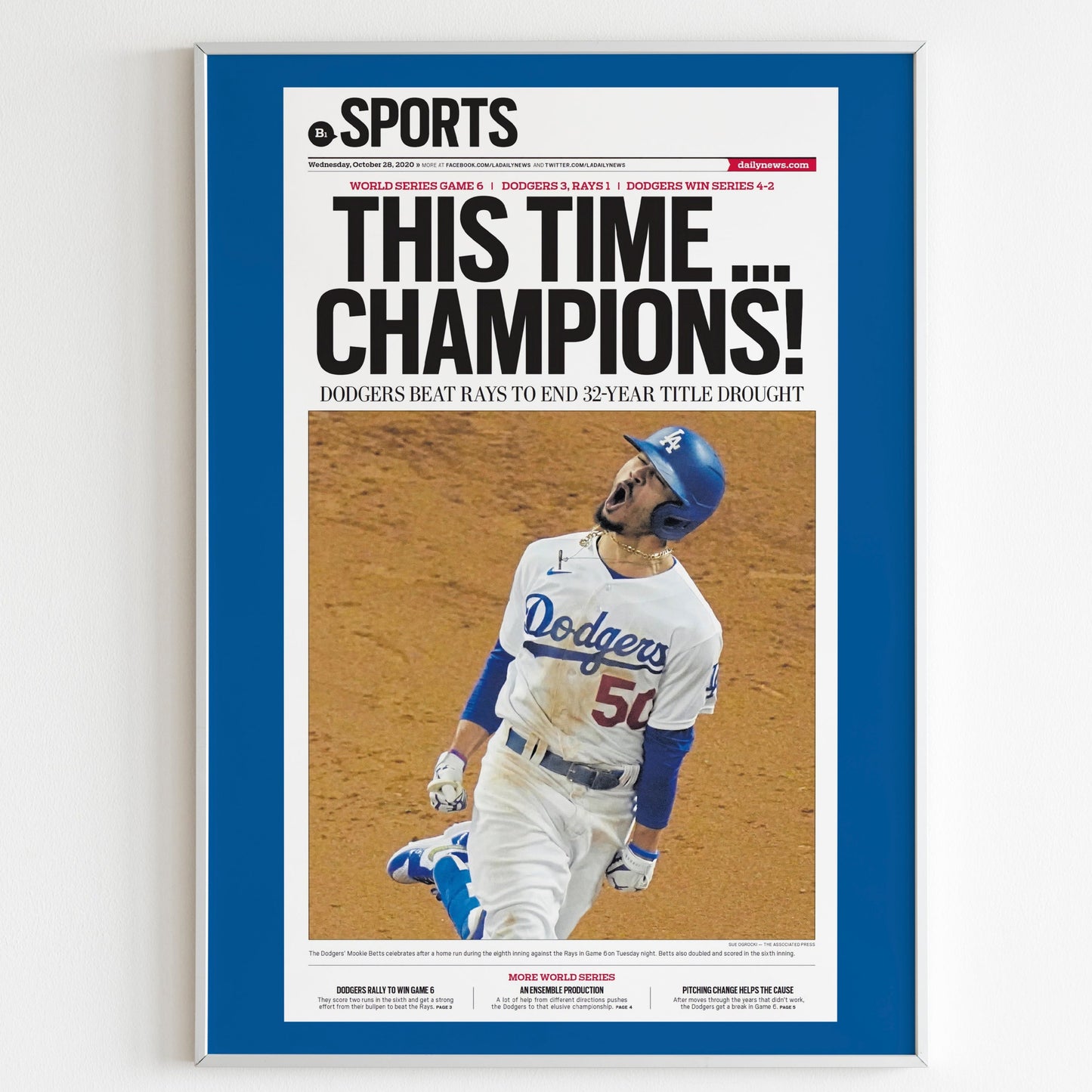 Los Angeles Dodgers 2020 World Series MLB Champions Front Cover LA Daily News Newspaper Poster, Baseball Team Print, Front Page Wall Poster