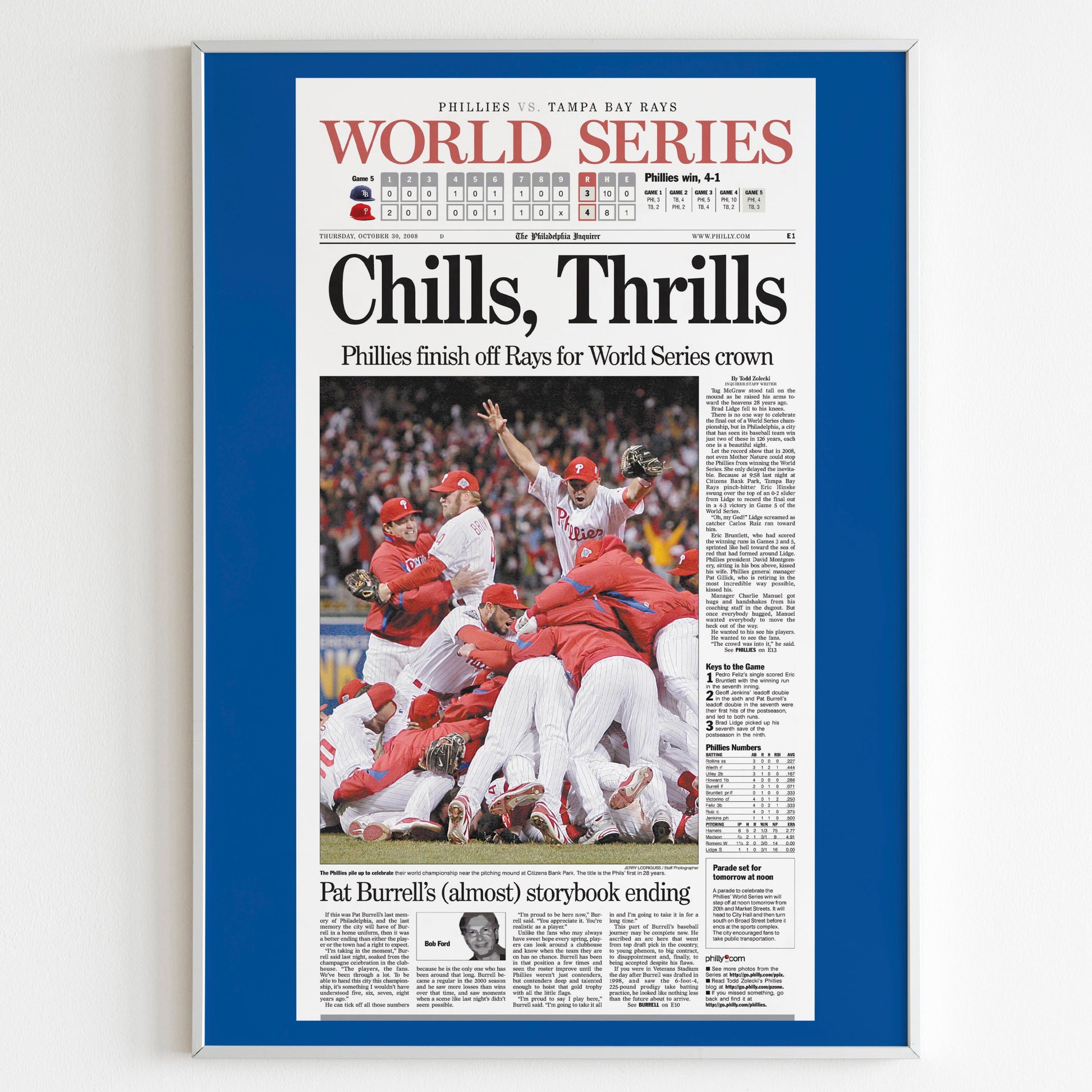 Philadelphia Phillies 2008 World Series MLB Champions Front Cover The Philadelphia Inquirer Newspaper Poster, Baseball Print, Wall Poster