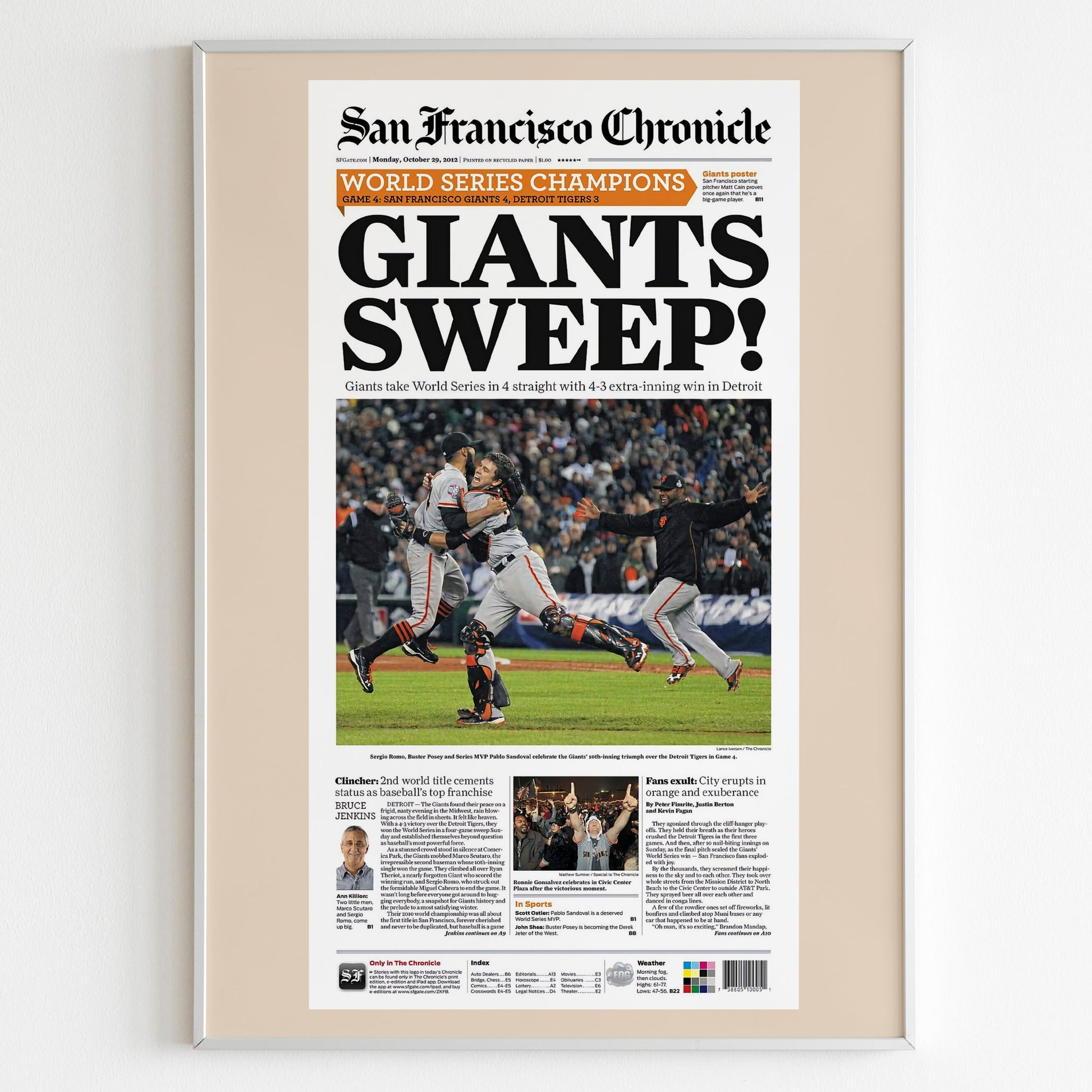 San Francisco Giants 2012 World Series MLB Champions Front Cover San Francisco Chronicle Newspaper Poster, Baseball Team Print, Wall Poster