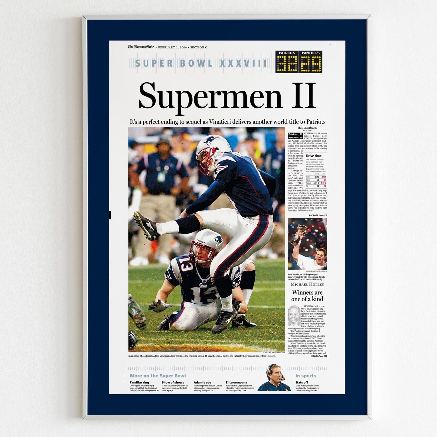 New England Patriots 2004 Super Bowl NFL Champions Front Cover The Boston Globe Newspaper Poster, Football Team Print, Magazine Page Poster