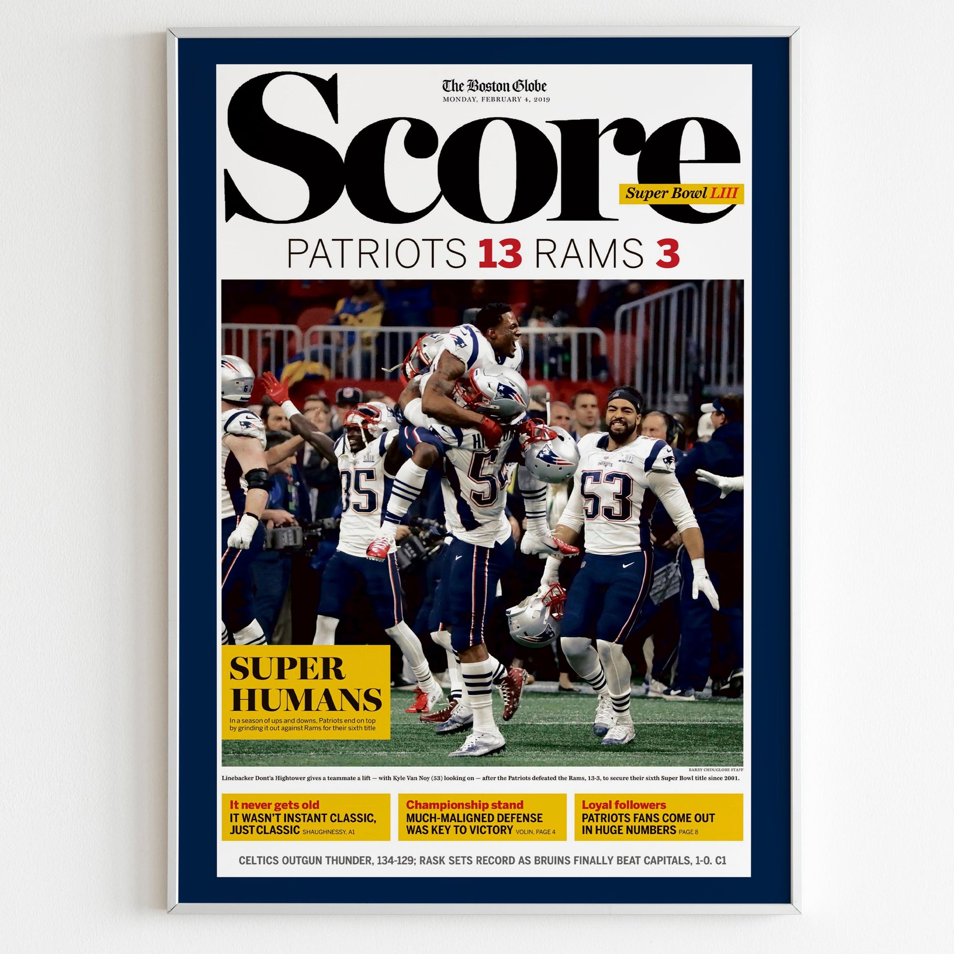 New England Patriots 2019 Super Bowl NFL Champions Front Cover The Boston Globe Newspaper Poster, Football Team Print, Front Page Poster