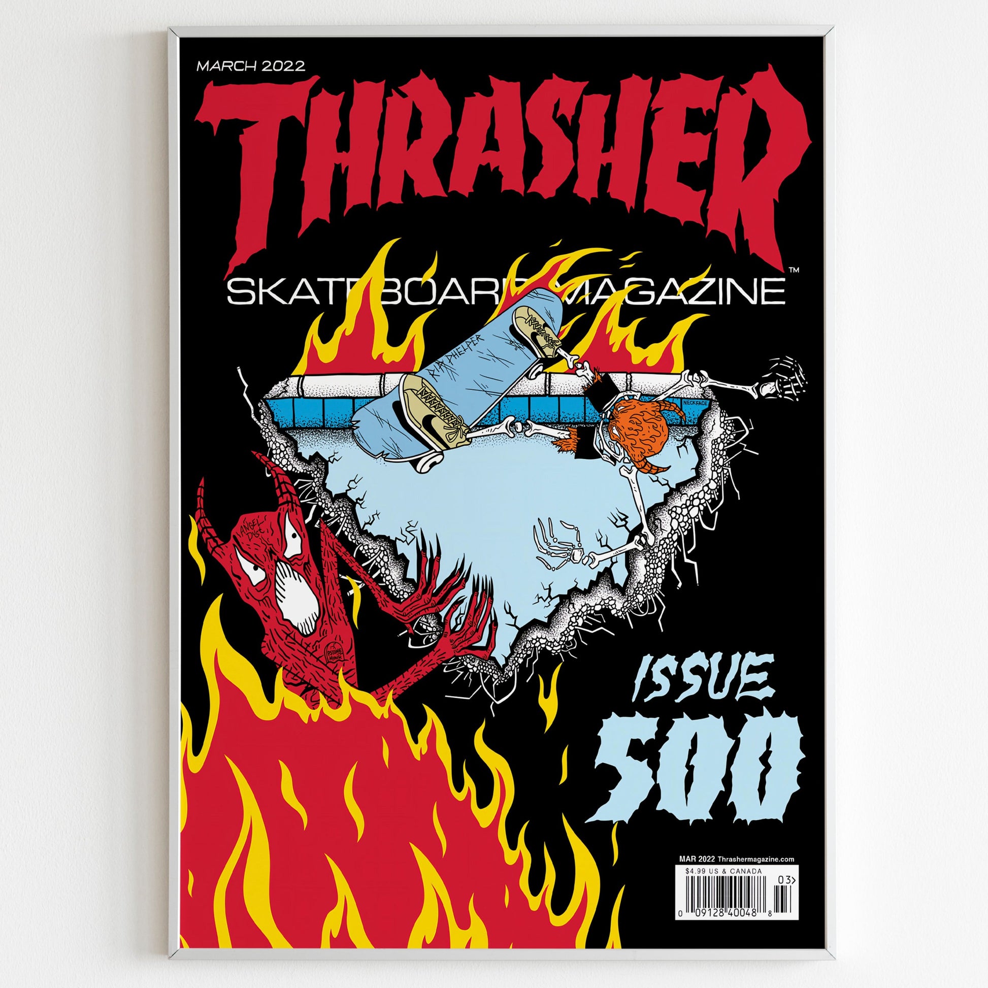 Thrasher Skateboarding Front Cover March 2022 500 Issue Advertising Poster, Skateboarding Style 80s Print, Vintage Front Cover Ad Wall Art, 90s Skate Poster, Magazine Retro Advertisement