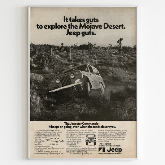 Jeep Commando Advertising Poster, USA Car 70s Style Print, Vintage Design, Racing Ad Wall Art, Magazine Retro Advertisement