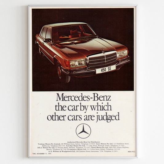 Mercedes-Benz Advertising Poster, 80s Style Print, Vintage S Class Design Poster, Racing Ad Wall Art, Magazine Retro Advertisement Print