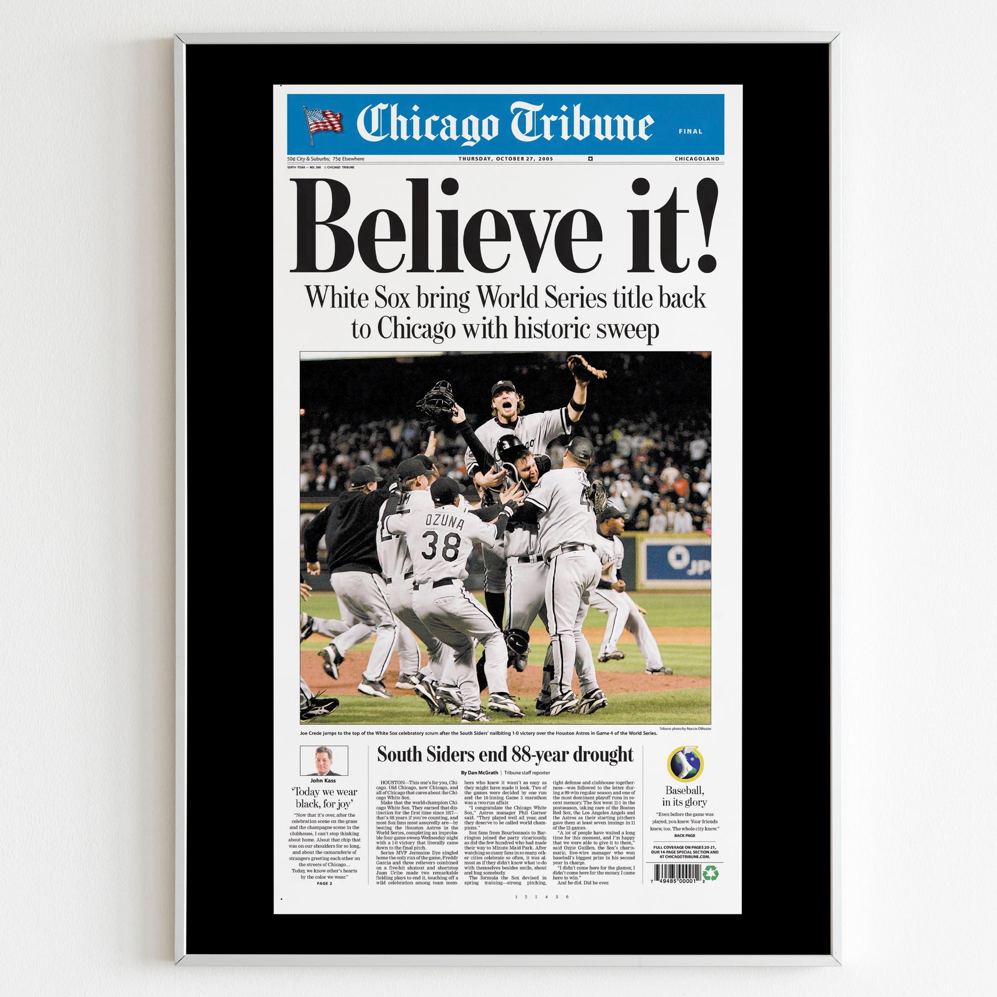 Chicago White Sox 2005 World Series MLB Champions Front Cover Chicago Tribune Newspaper Poster, Baseball Team Print, Wall Poster