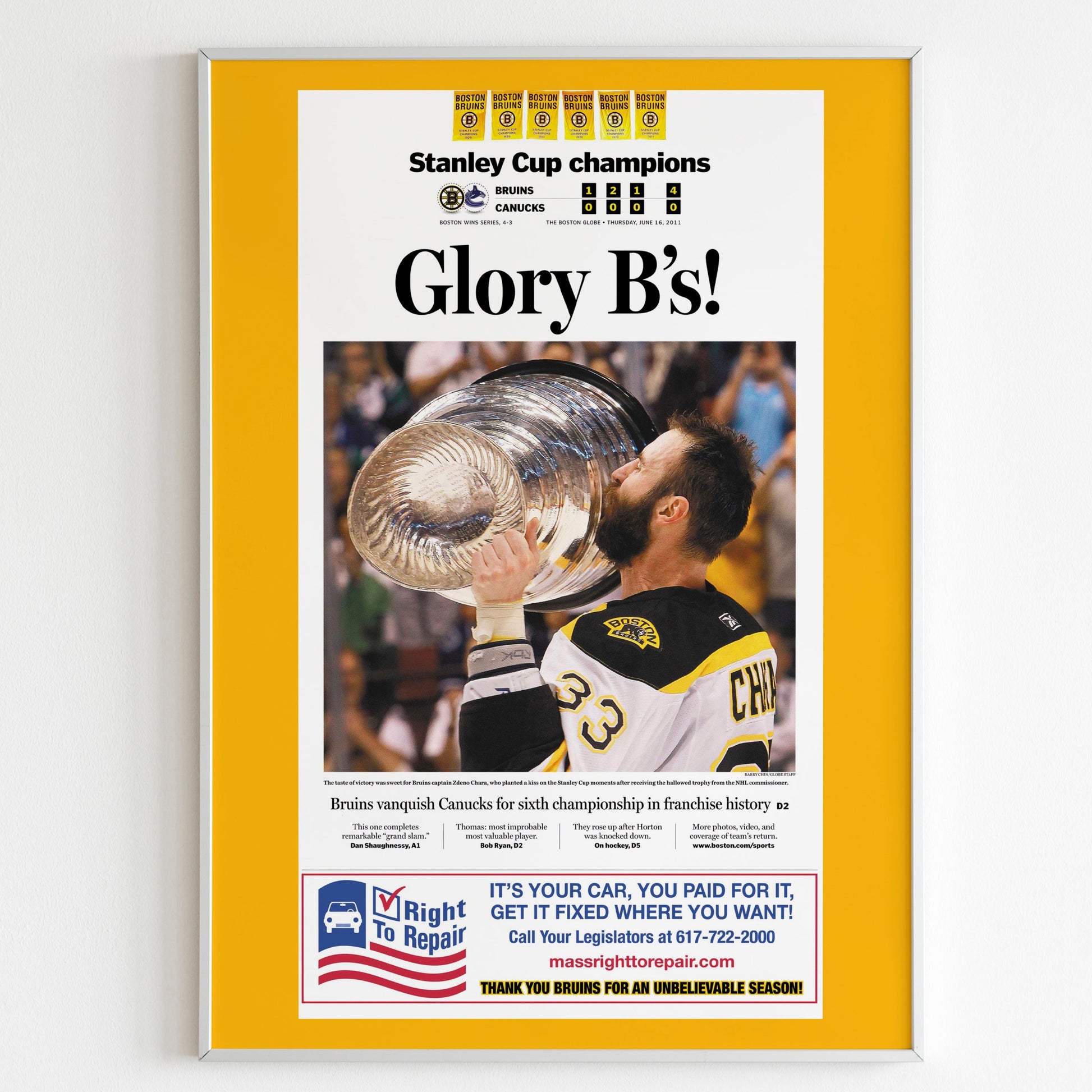Boston Bruins 2011 NHL Stanley Cup Champions Front Cover The Boston Globe Poster, Hockey Team Magazine Print, Newspaper Front Page