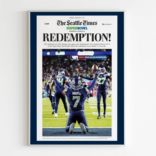 Seattle Seahawks 2025 Super Bowl NFL Champions Front Cover The Seattle Times Newspaper Poster