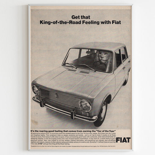 Fiat Advertising Poster, 70s Style Print, Vintage Design, Racing Lion Ad Wall Art, Magazine Retro Advertisement