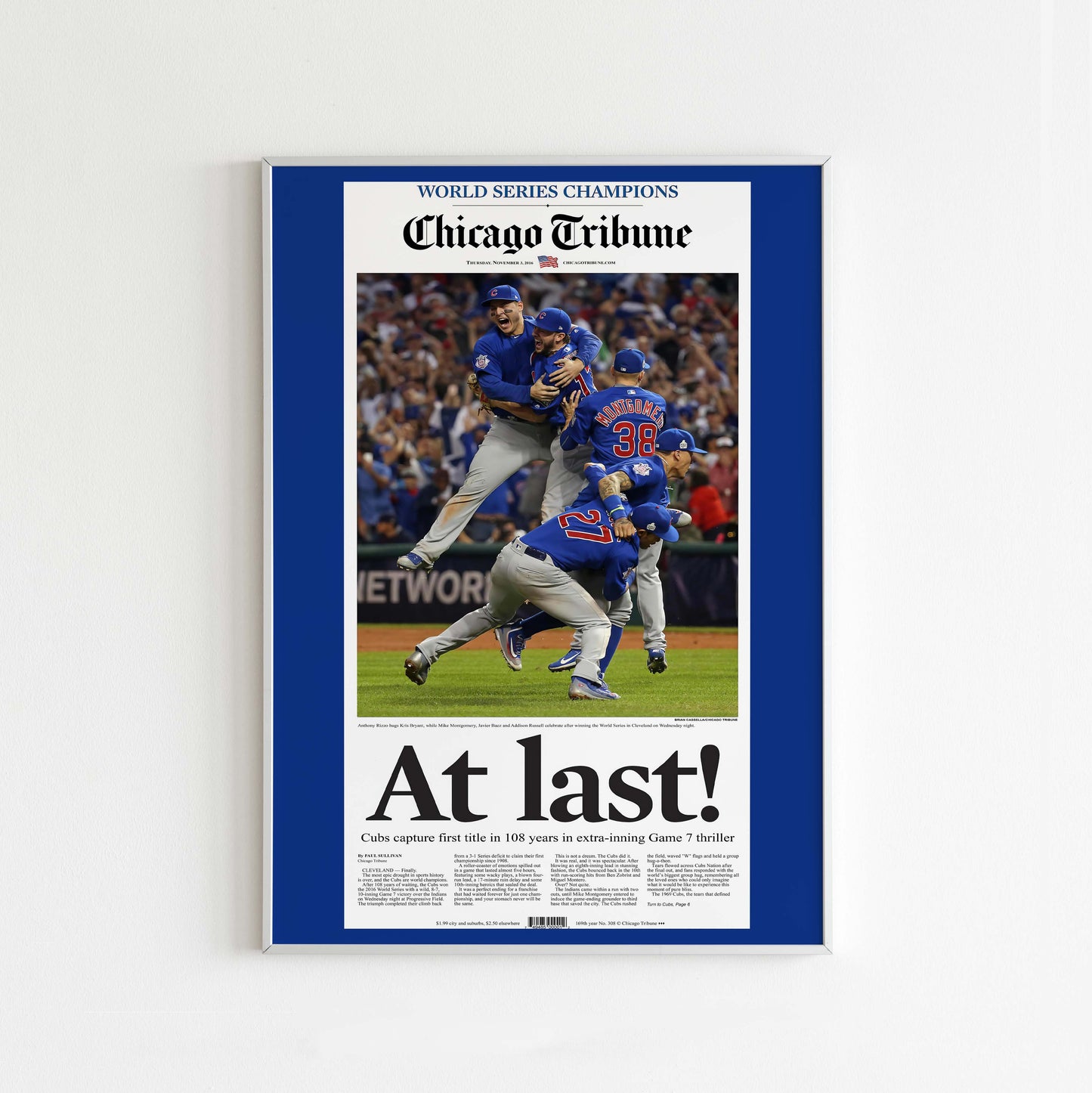 Chicago Cubs 2016 World Series MLB Champions Front Cover Chicago Tribune Newspaper Poster
