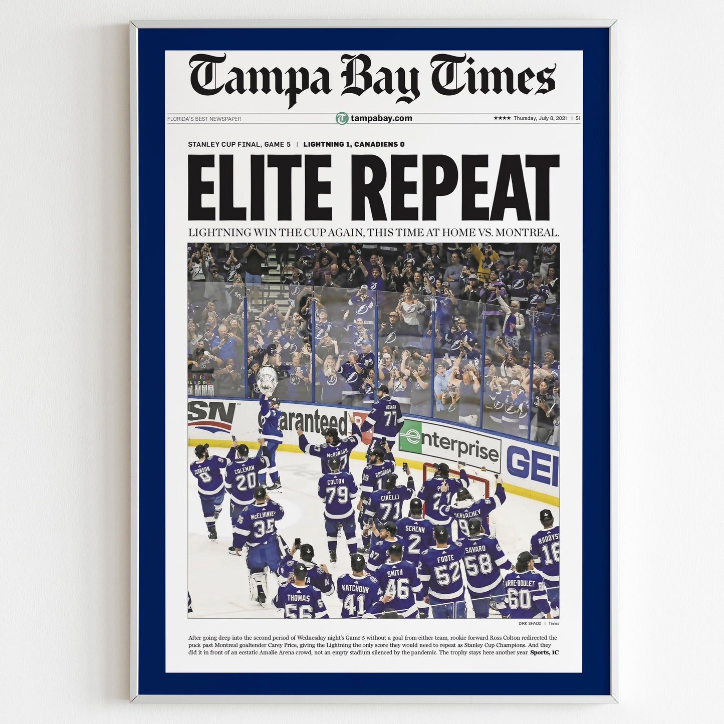 Tampa Bay Lightning 2021 NHL Stanley Cup Champions Front Cover Tampa Bay Times Poster, Hockey Team Magazine Print, Newspaper Front Page