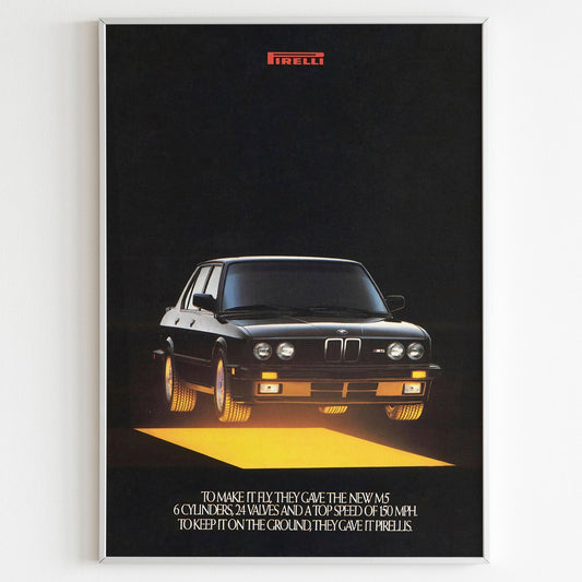 BMW Pirelli Advertising Poster, 90s BMW M-Style Print, Vintage Design, Racing Ad Wall Art, Magazine Retro Advertisement