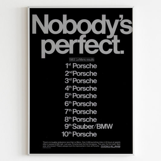 Porsche "Nobody's Perfect" Advertising Poster, Sport Car 80s Print, Vintage Design Ad Wall Art, Magazine Retro Advertisement