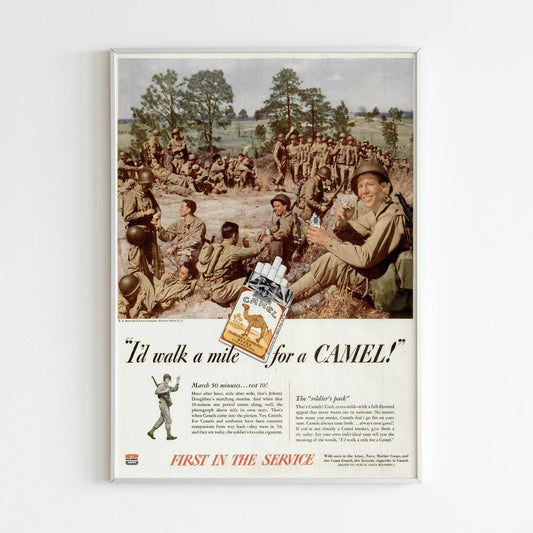Camel "I'd Walk a Mile" Advertising Poster, US Army Cigarettes Ad Wall Art, Vintage Design Advertisement, 60s Style Print, Magazine Poster