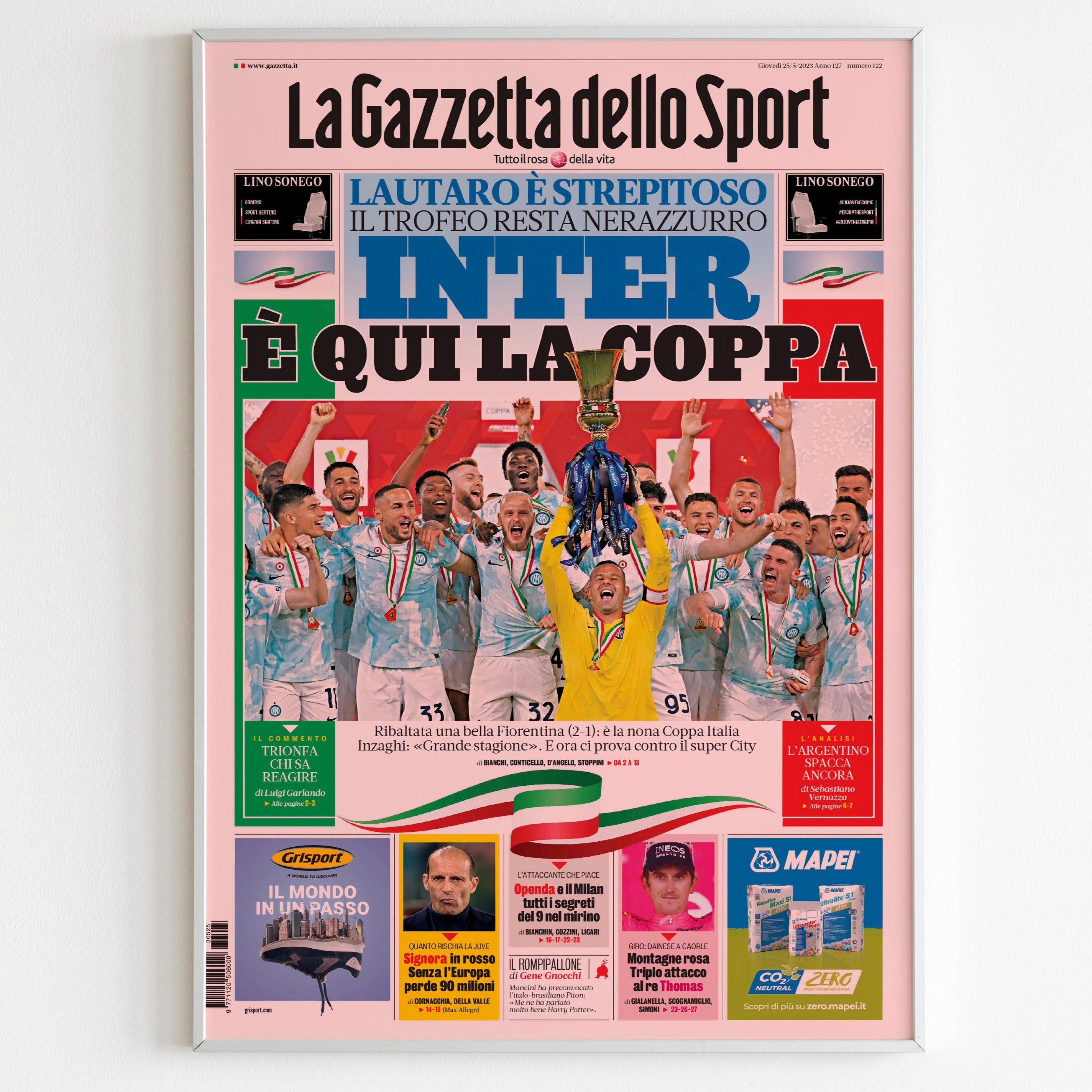 Inter Milan 2022/2023 Coppa Italia Champions Newspaper Front Cover ...