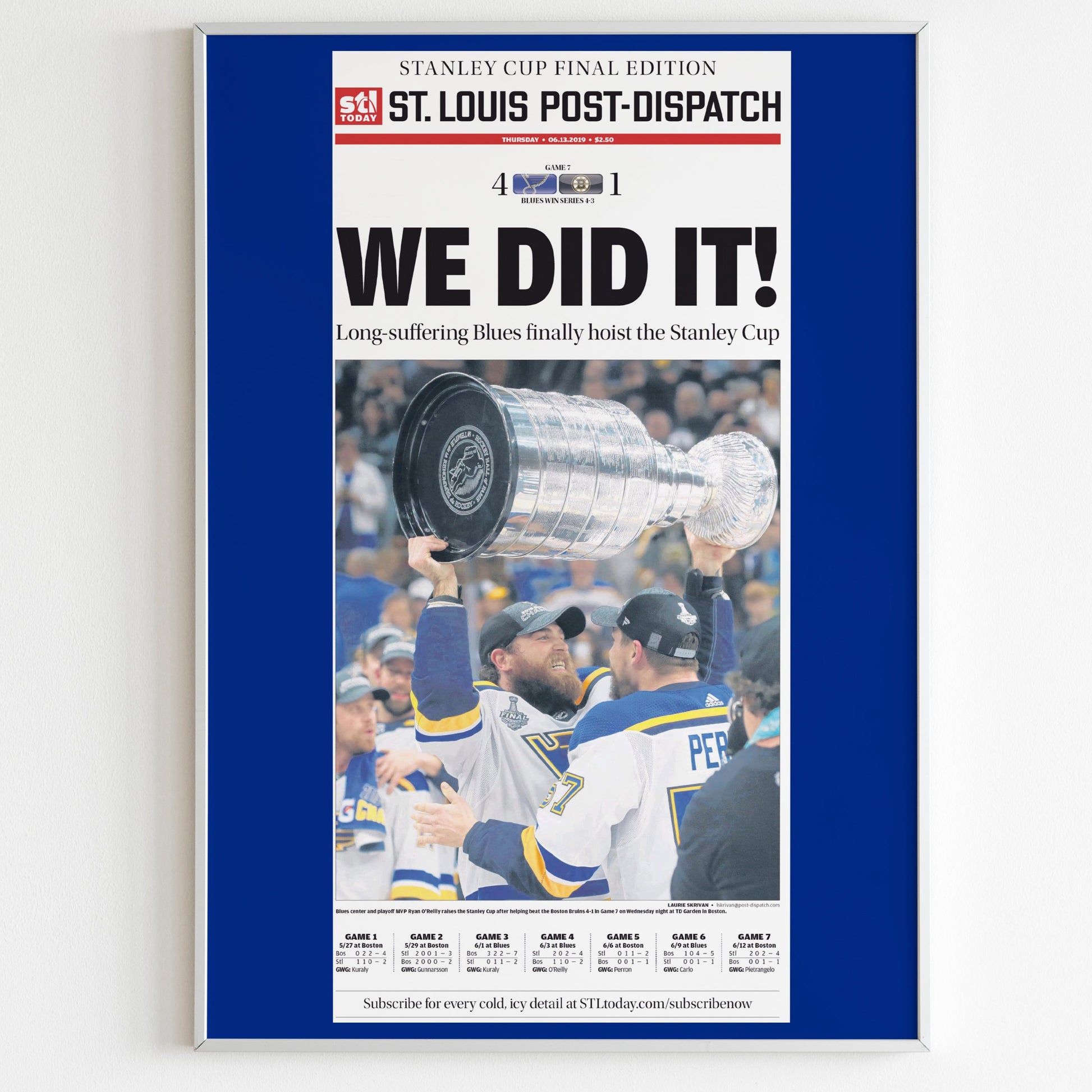 St Louis Blues 2019 NHL Stanley Cup Champions Front Cover STL Today Post Dispatch Poster, Hockey Team Magazine, Newspaper Front Page