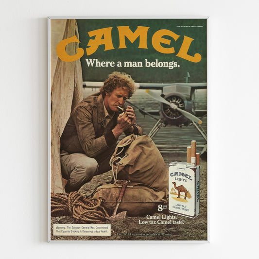 Camel "Where a Man Belongs" Advertising Poster, Vintage 1981 Design Advertisement, Cigarettes Ad Wall Art, 80s Style Print, Retro Magazine