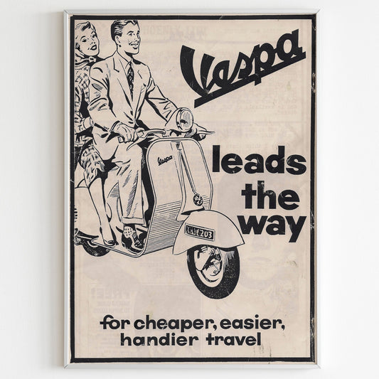 Vespa Piaggio Advertising Poster, 50s Style Print, Vintage Design Poster, Racing Ad Wall Art, Magazine Retro Advertisement