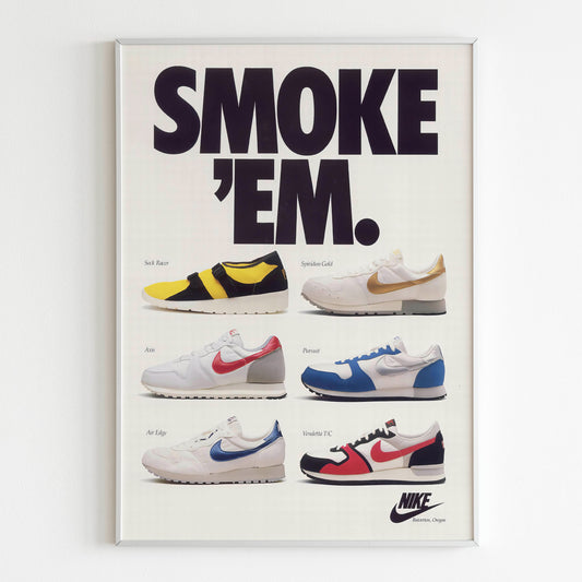 Nike "Smoke 'Em" Advertising Poster, 90s Style Shoes Print, Vintage Running Ad Wall Art, Magazine Retro Advertisement