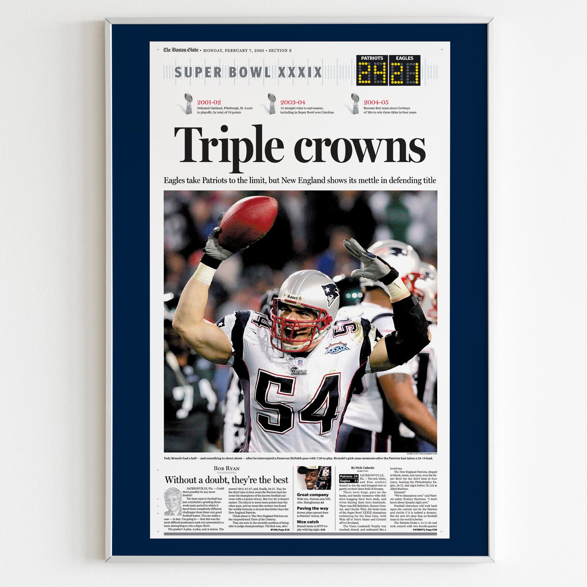 New England Patriots 2005 Super Bowl NFL Champions Front Cover The Boston Globe Newspaper Poster, Football Team Print, Magazine Page Poster