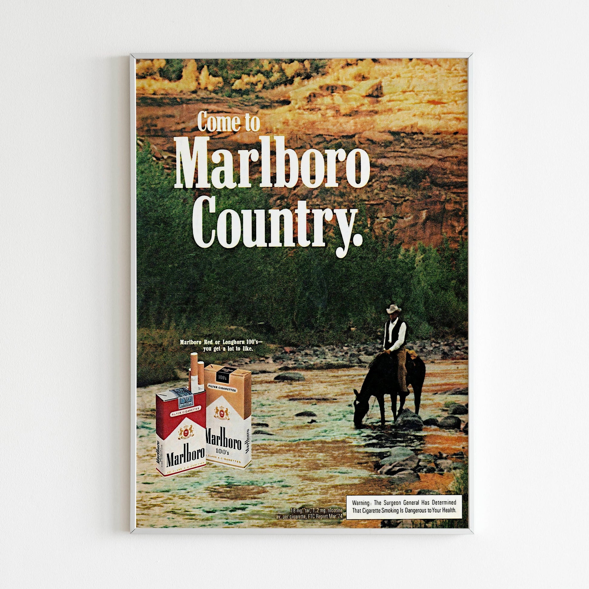 Marlboro Advertising Poster, Retro Magazine Vintage Design Advertisement, Cowboy 70s Style Print, Cigarettes Collection Ad Wall Art