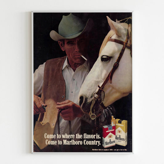 Marlboro Advertising Poster, Cigarettes Collection Ad Wall Art, Retro Magazine Vintage Design Advertisement, Cowboy Horse 80s Style Print