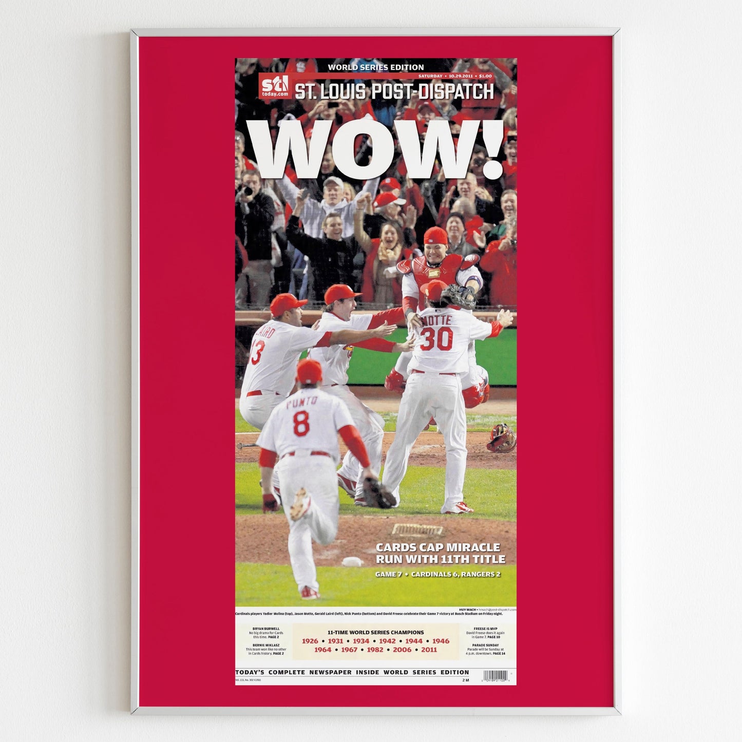 St Louis Cardinals 2011 World Series MLB Champions Front Cover St Louis Today Newspaper Poster, Baseball Team Print, Front Page Wall Poster