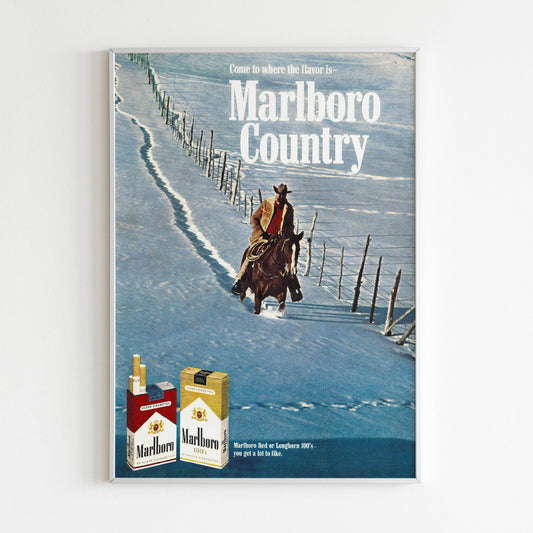 Marlboro Advertising Poster, Retro Magazine Vintage Design Advertisement, Cowboy Winter 80s Style Print, Cigarettes Collection Ad Wall Art