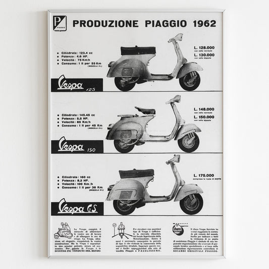 Vespa Piaggio Advertising Poster, 60s Style Print, Vintage 1962 Design, Racing Ad Wall Art, Magazine Retro Advertisement