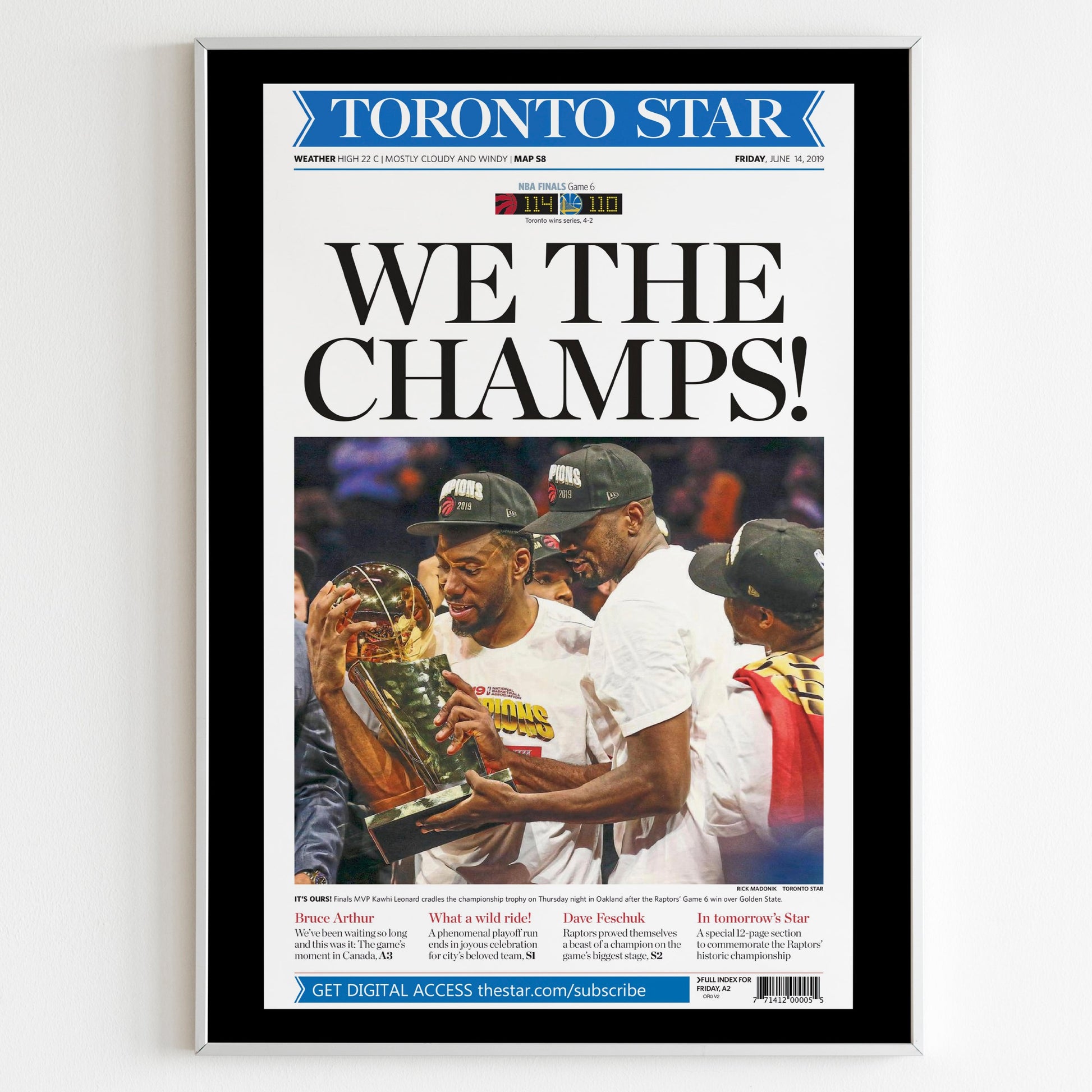Toronto Raptors 2019 NBA Champions Front Cover Toronto Star Newspaper Poster, Basketball Team Print, Magazine Front Page