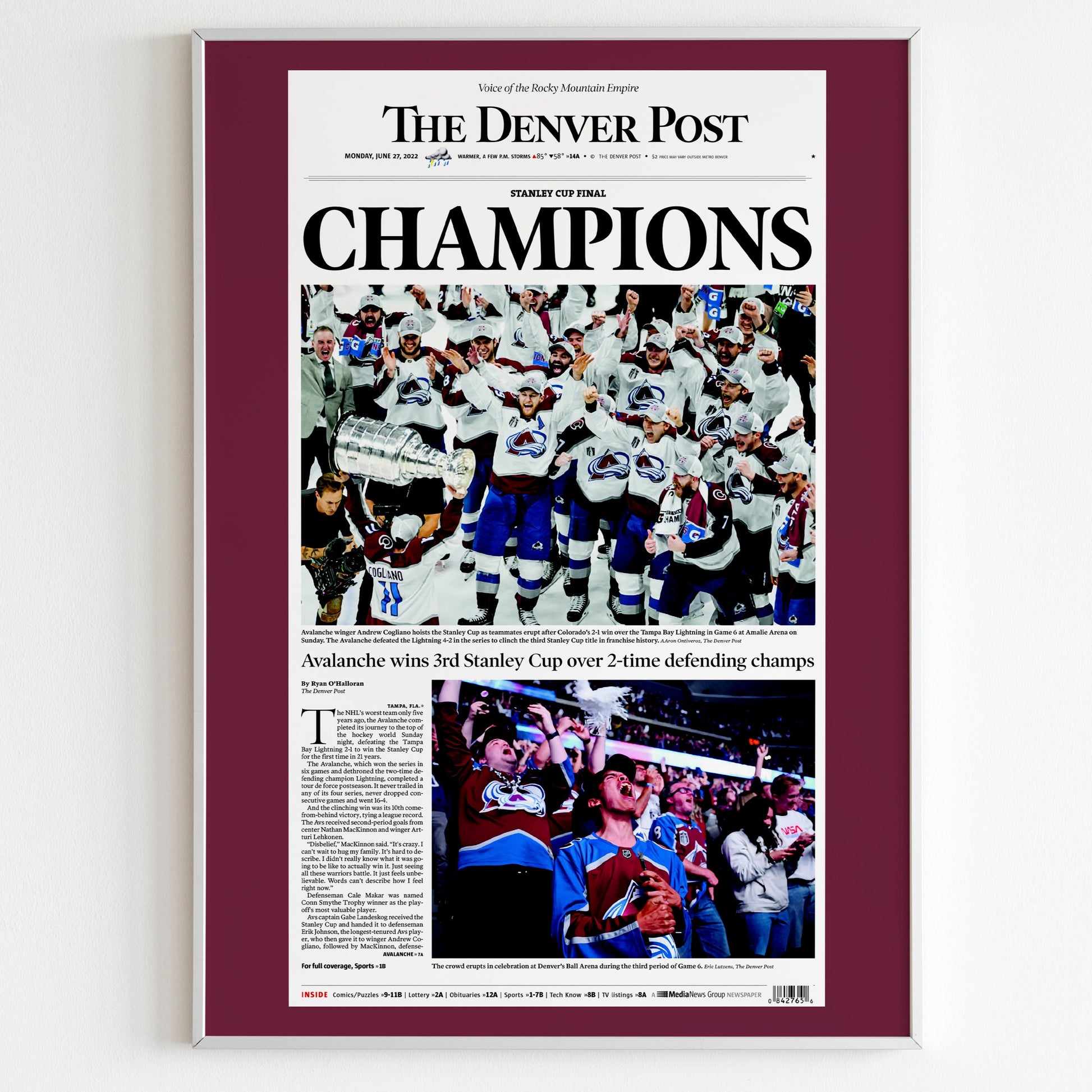 Colorado Avalanche 2022 NHL Stanley Cup Champions Front Cover The Denver Post Poster, Hockey Team Magazine Print, Newspaper Front Page