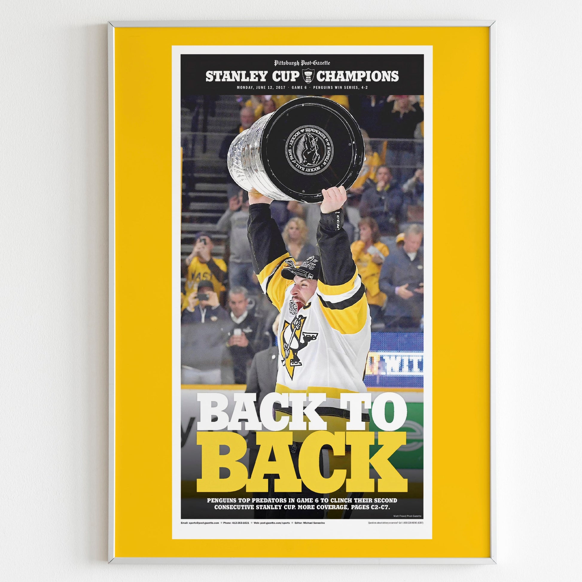 Pittsburgh Penguins 2017 NHL Stanley Cup Champions Front Cover Pittsburgh Post-Gazette Poster, Newspaper Front Page, Hockey Team Magazine