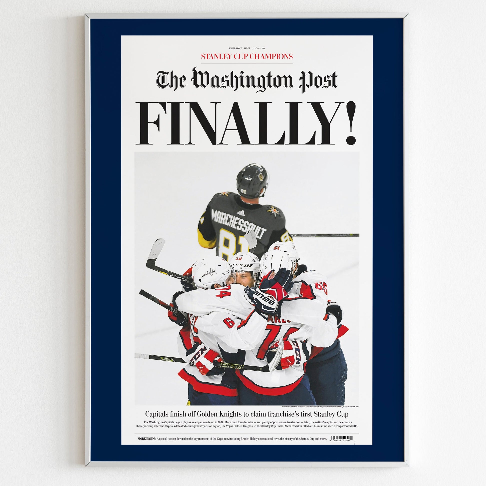 Washington Capitals 2018 NHL Stanley Cup Champions Front Cover The Washington Post Poster, Newspaper Front Page, Hockey USA Team Magazine