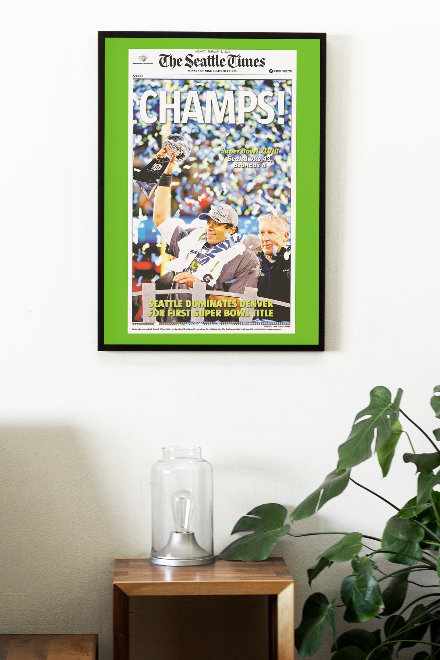 Seattle Seahawks 2014 Super Bowl NFL Champions Front Cover The Seattle Times Newspaper Poster