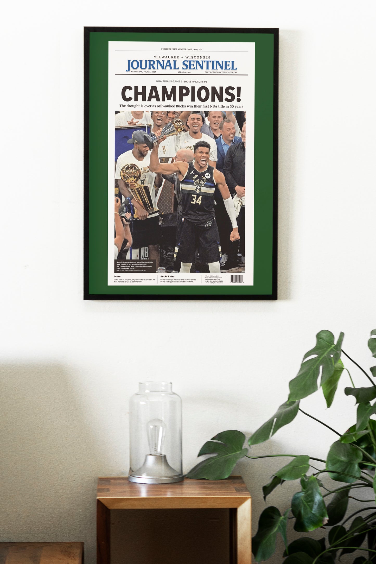 Milwaukee Bucks 2021 NBA Champions Front Cover Journal Sentinel Newspaper Poster