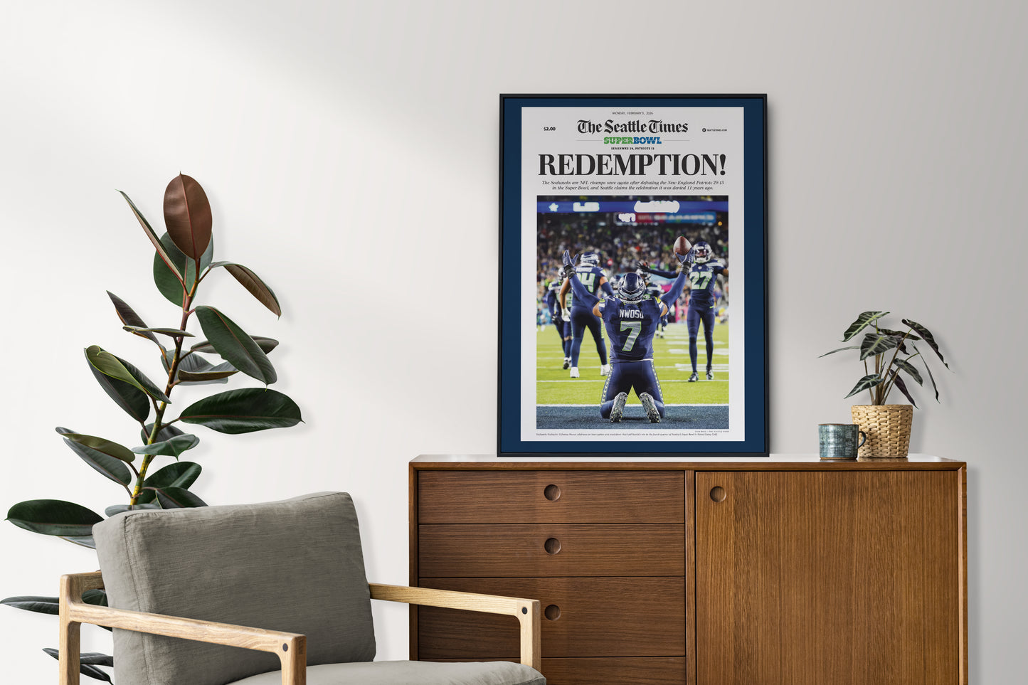 Seattle Seahawks 2025 Super Bowl NFL Champions Front Cover The Seattle Times Newspaper Poster