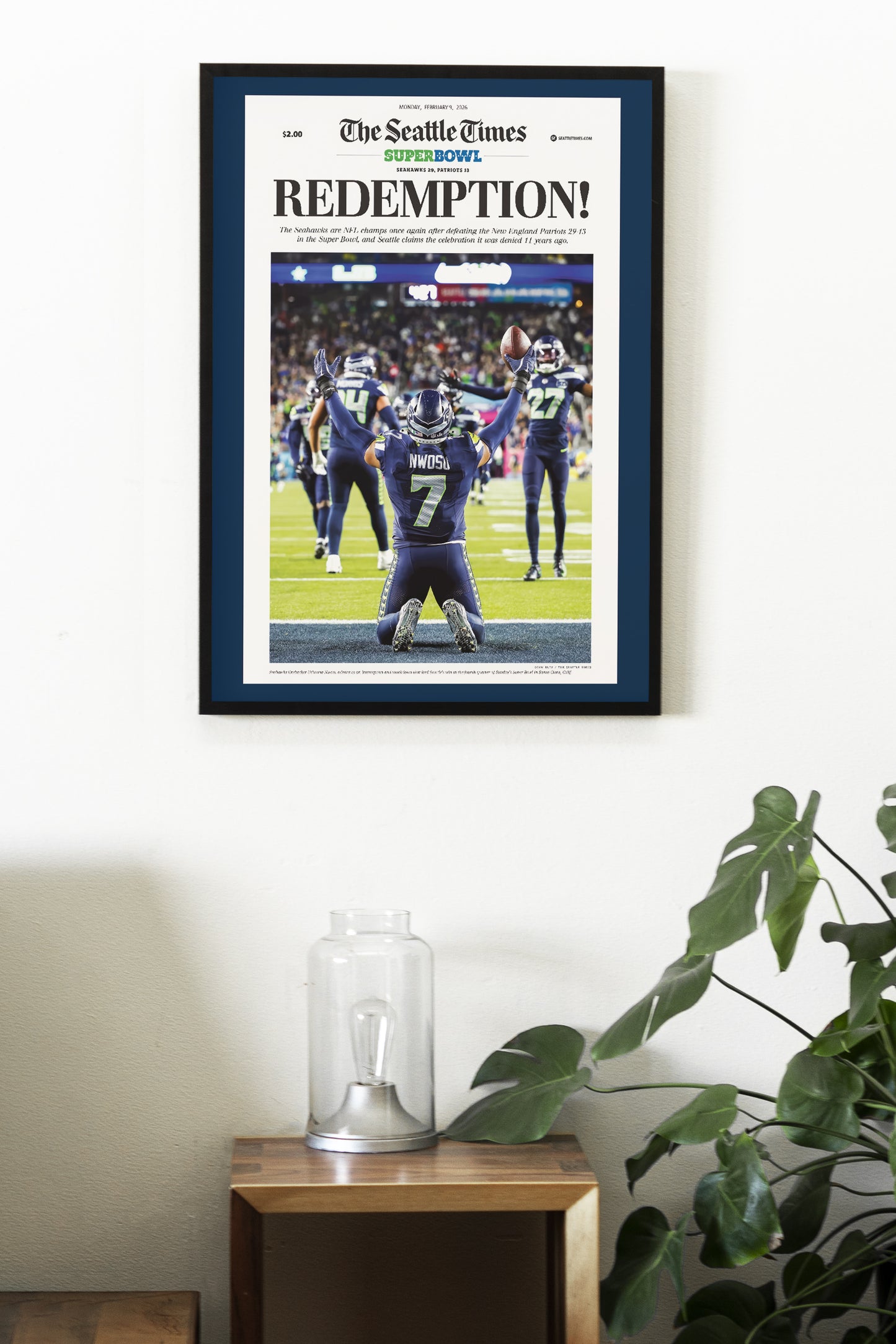 Seattle Seahawks 2025 Super Bowl NFL Champions Front Cover The Seattle Times Newspaper Poster