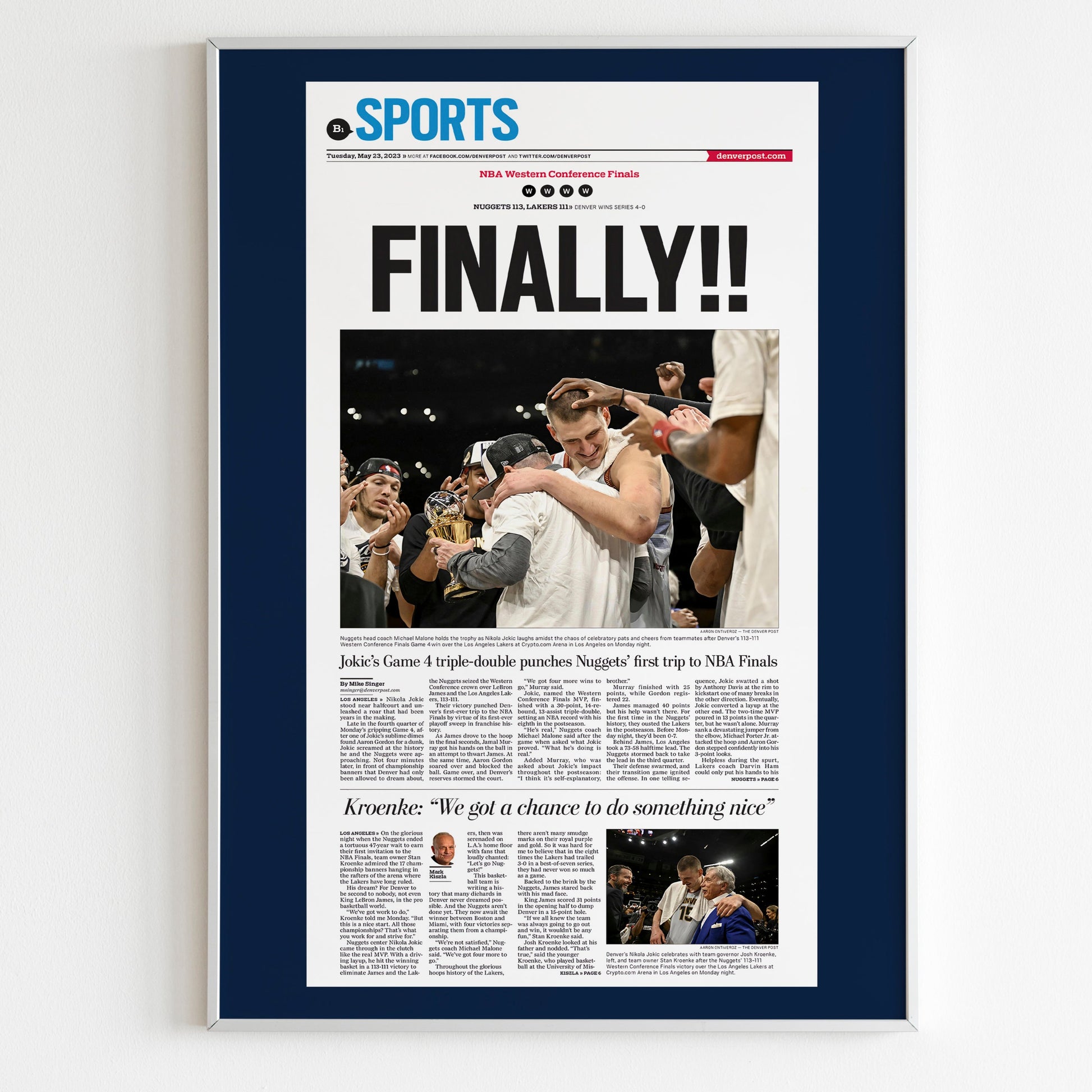 Denver Nuggets 2023 Western Conference Champions NBA Playoff Front Cover The Denver Post Poster, Jokic Magazine Print, Newspaper Front Page
