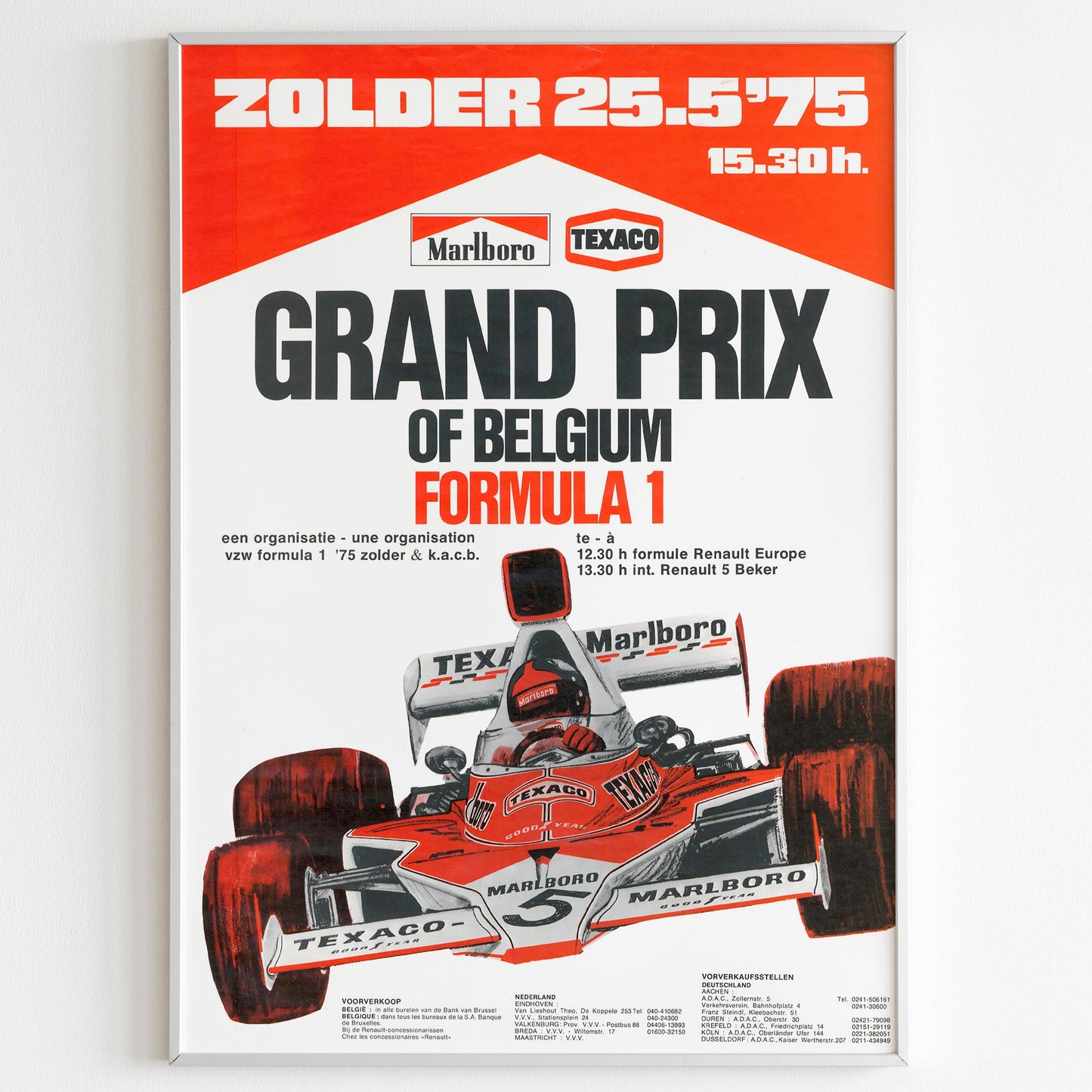 Grand Prix of Belgium 1975 Advertising Poster, Formula 1 Style Print, Marlboro Ad Wall Art, Vintage Racing Retro F1 Design Adverisement