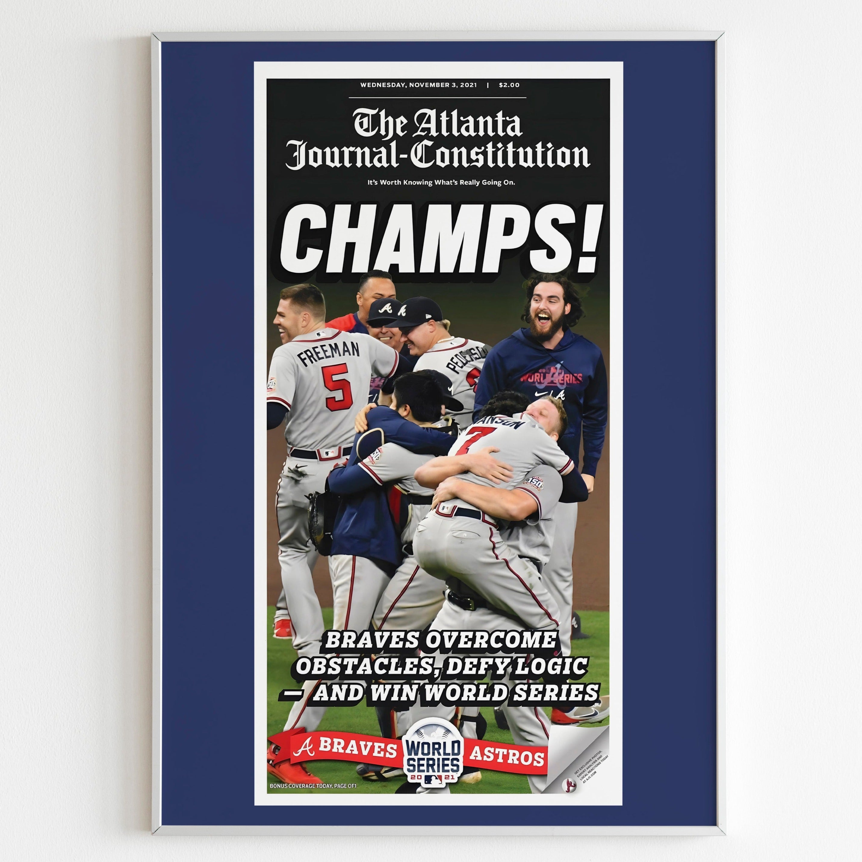 On sale Braves 2021 World Series champions Atlanta Journal Constitution Newspaper framed