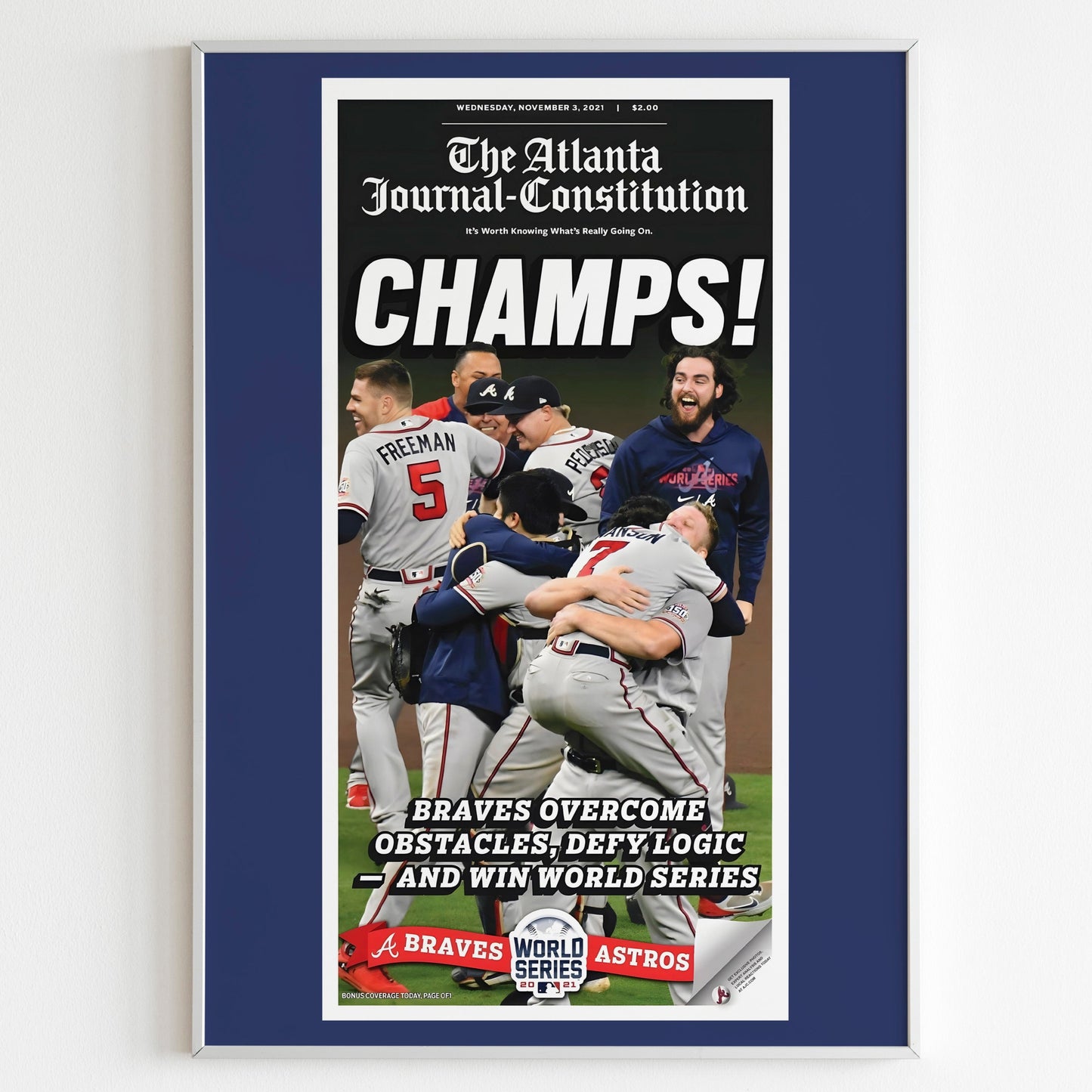 Atlanta Braves 2021 World Series MLB Champions Front Cover Atlanta Journal Constitution, Baseball Team Print, Minimalistic Wall Poster