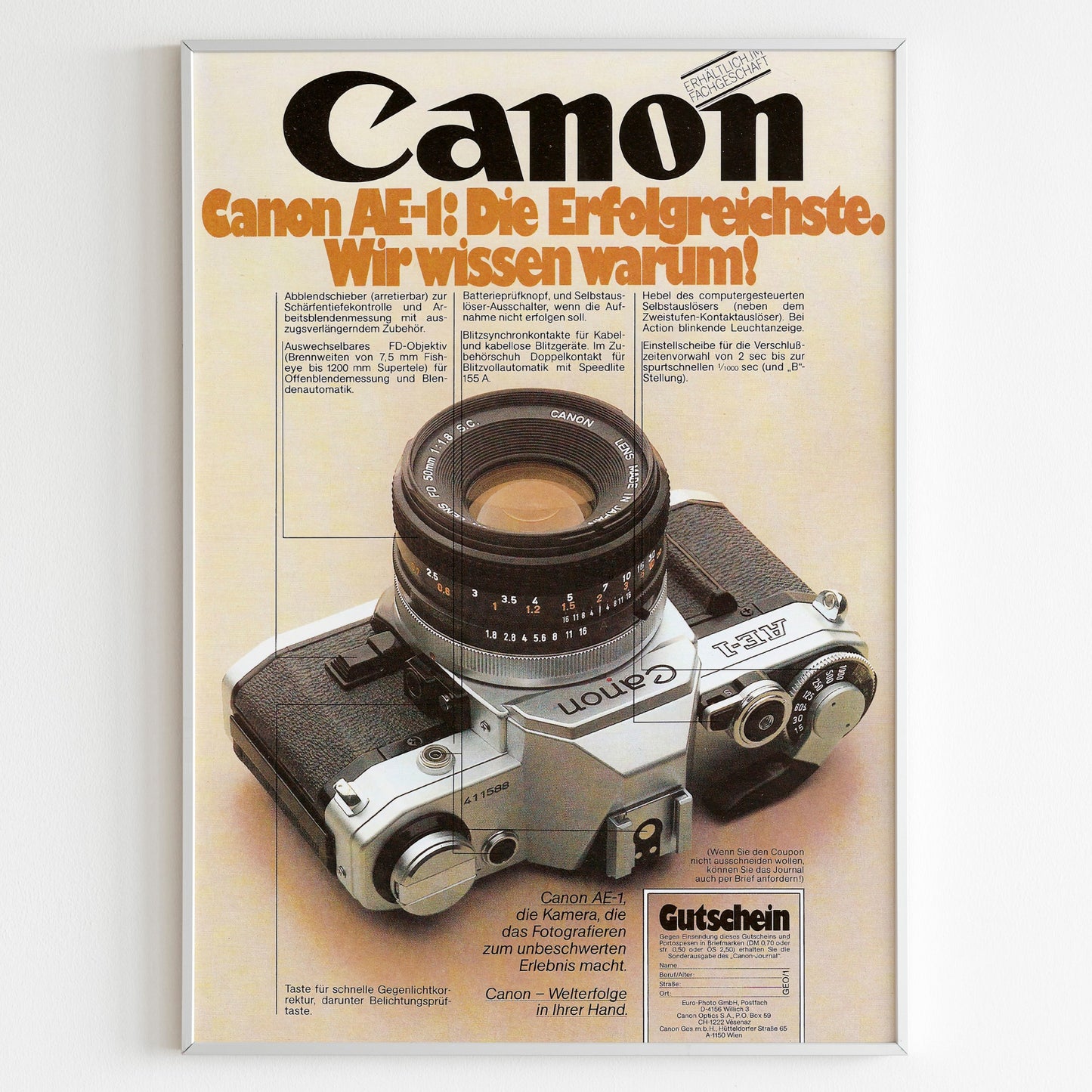 Canon Advertising Poster, 70's Style Print, Ad Wall Art, Vintage Design Advertisement, Magazine Ad Retro Poster