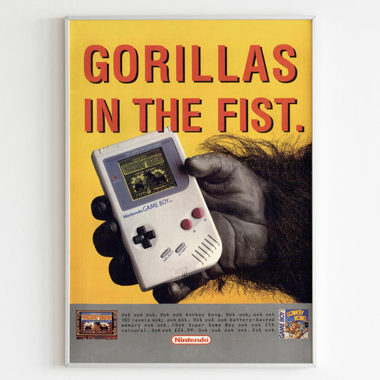 Nintendo "Gorillas In The Fist" Game Boy Advertising Poster, 90's Style Print, Ad Wall Art, Vintage Design Magazine Ad Retro Advertisement