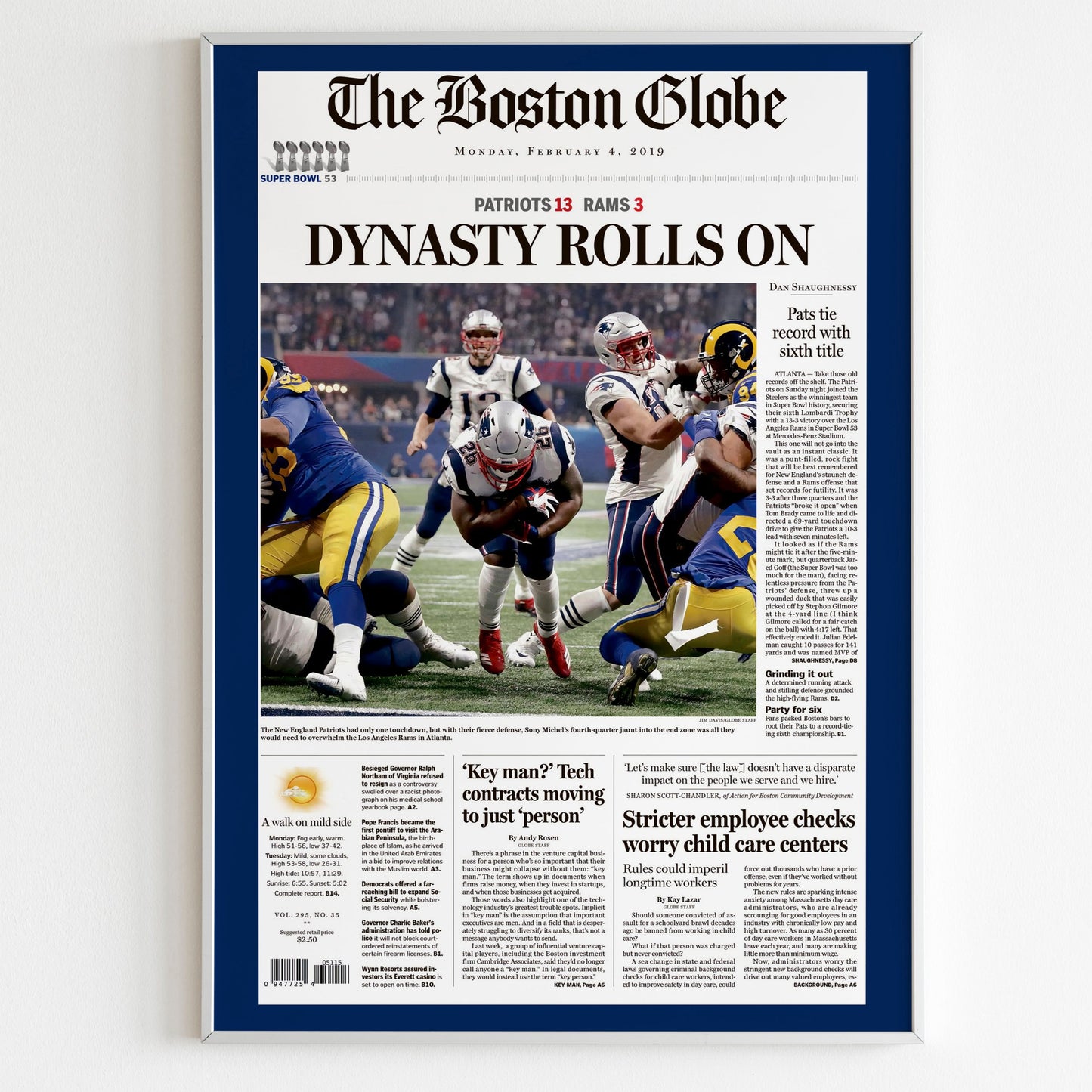 New England Patriots 2019 Super Bowl NFL Champions Front Cover The Boston Globe Newspaper Poster, Front Page Poster, Football Team Print