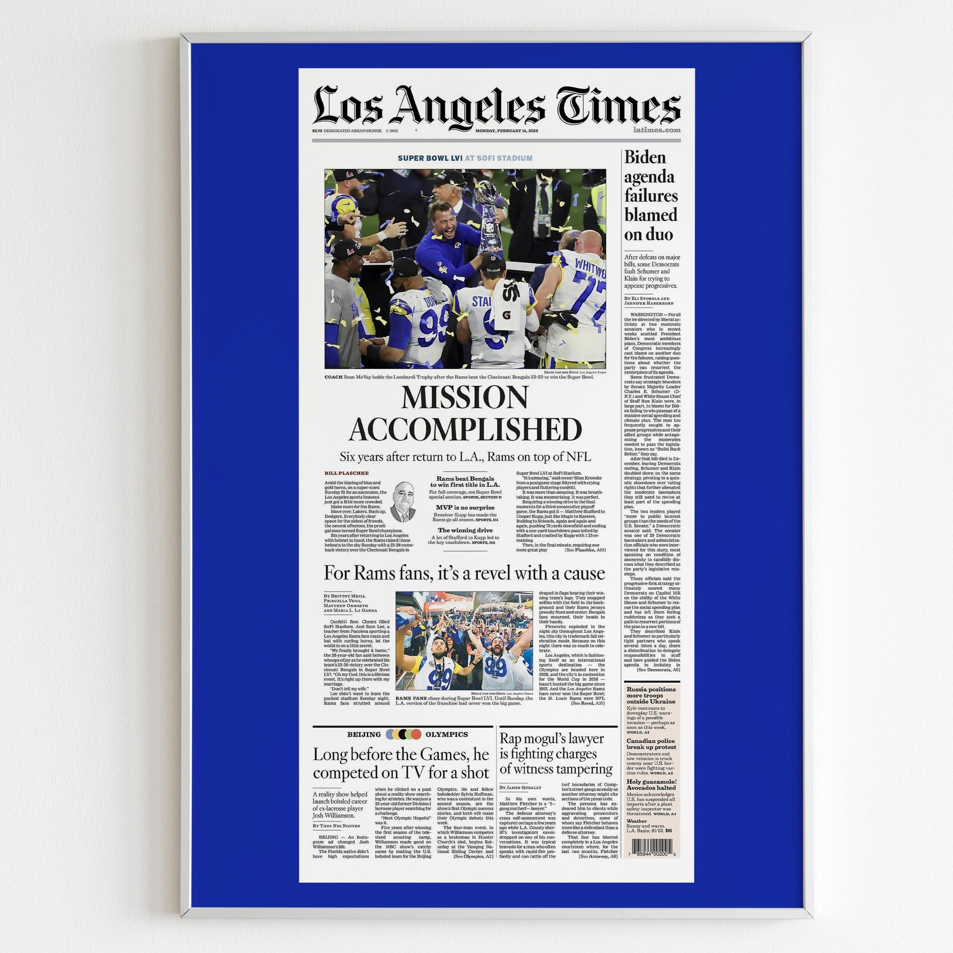 Los Angeles Rams 2022 Super Bowl NFL Champions Front Cover Los Angeles Times Newspaper Poster, Football Team Magazine Page Print, LA Art