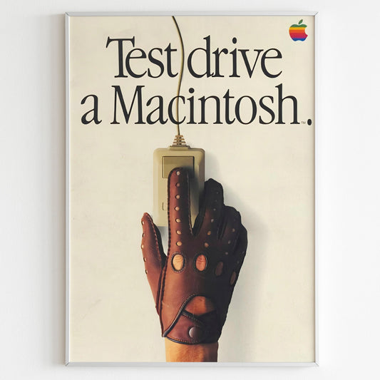 Apple "Test Drive A Macintosh" Advertising Poster, 80s Retro Style Print, Vintage Design Wall Art, Magazine Retro Advertisement